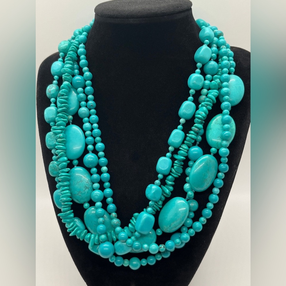 A 5 Strand Turquoise and Sterling Silver Signed Lucas Lameth Necklace